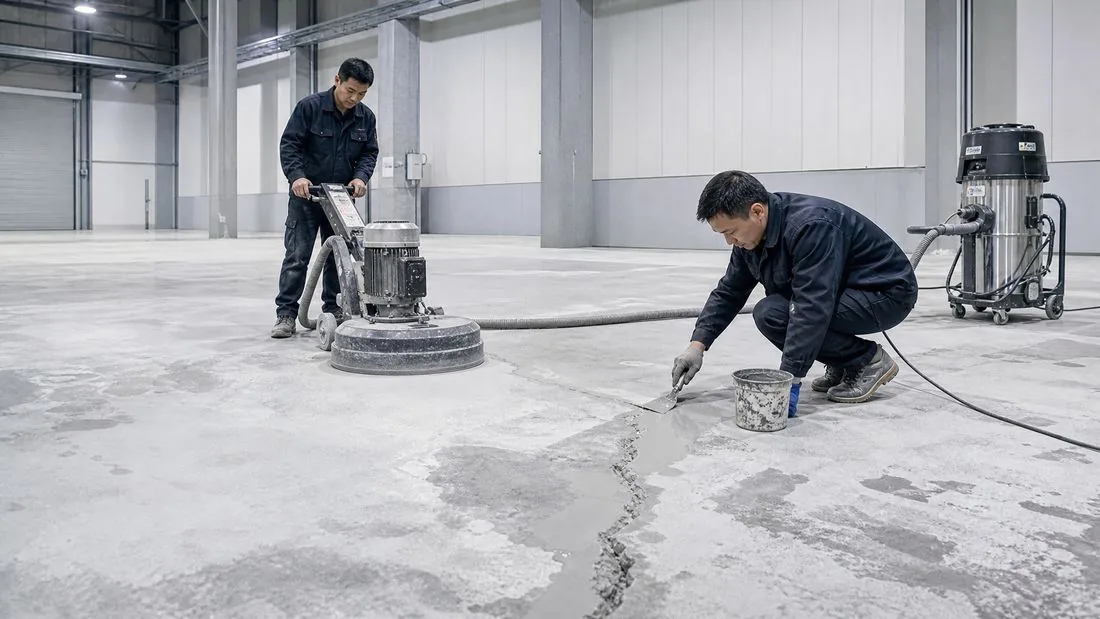 环氧自流平地坪基层研磨、裂缝修补和吸尘施工